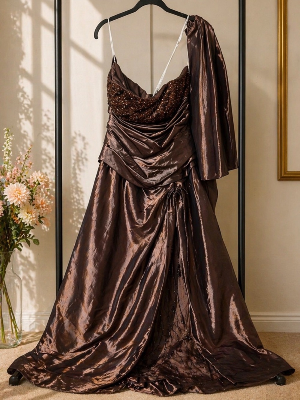 Jovani Brown Satin Formal Gown | Beaded Bodice | Prom Gala Evening Dress